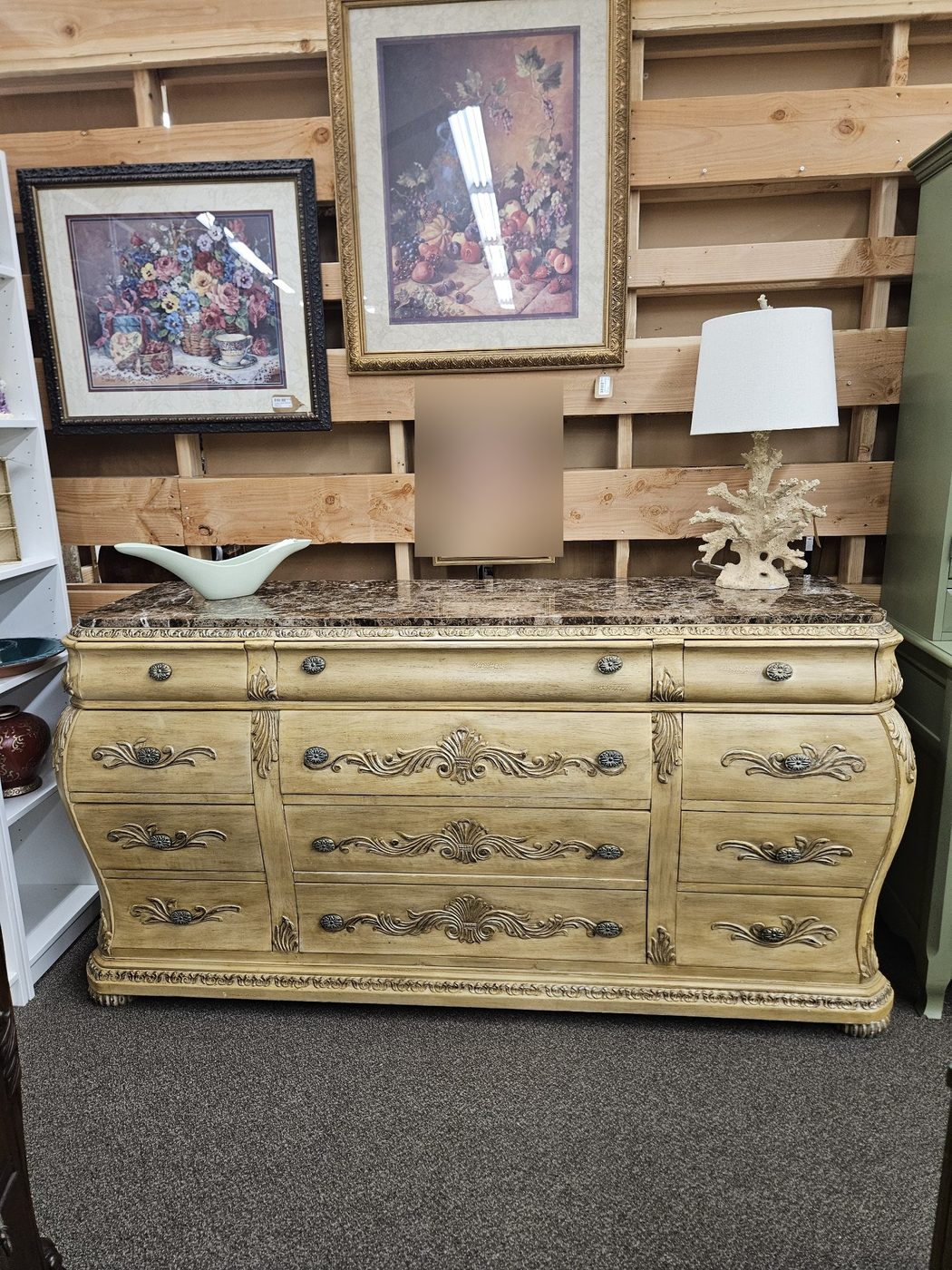 Ornate 12 Drawer Bombe Dresser with Marble Top — Cream & Gold — photo 1 of 5