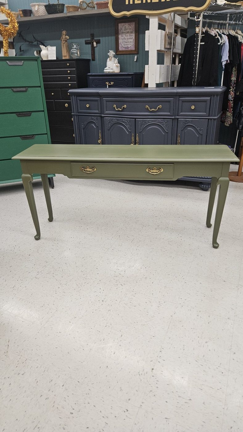Ethan Allen Console Table — Refinished Olive Green, Brass Hardware — photo 1 of 6