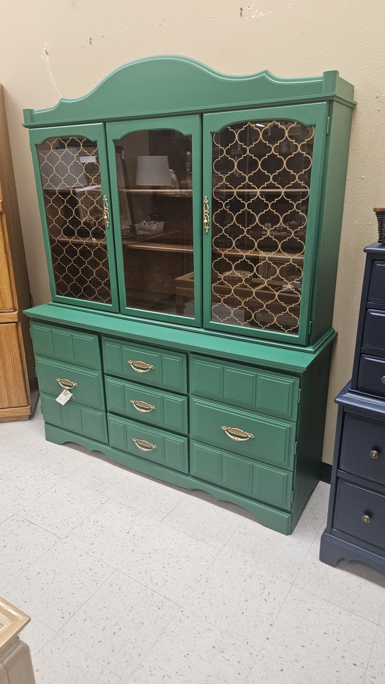 Green China Cabinet / Display Hutch – 3 Drawers + Side Cabinets — photo 1 of 6