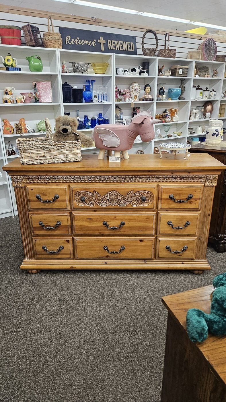 Ornate 9 Drawer Wood Dresser – Carved Detail & Decorative Hardware — photo 1 of 3