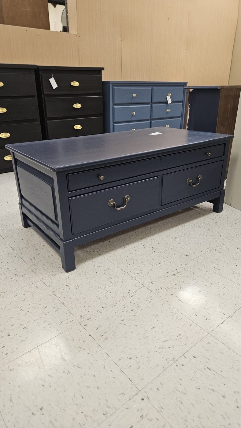 Navy painted storage chest with brass hardware, refinished by Redeemed & Renewed